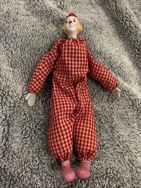 Vintage Enesco 1983 Porcelain Red Checkered Clown Doll